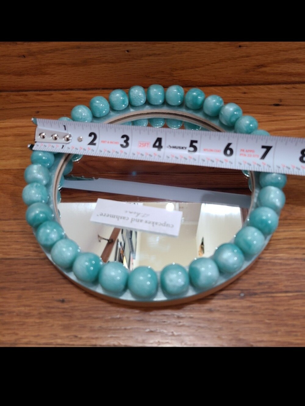 Round Turquoise blue aqua beaded tabletop desktop vanity standing mirror - Picture 5 of 5